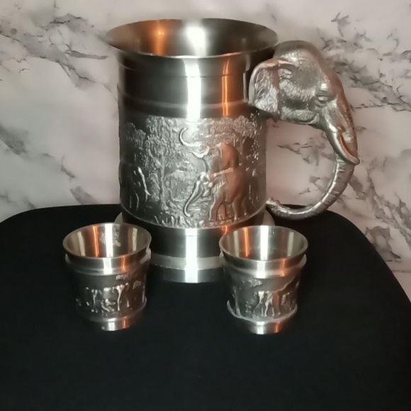 Pewter Thai element Elephant Scene Shot Glass Set - Picture 9 of 10